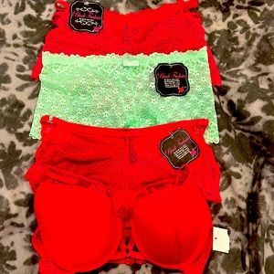 Raspberry pinkish/red & mint green lingerie (3 sexy lace boy shorts & 1bra)